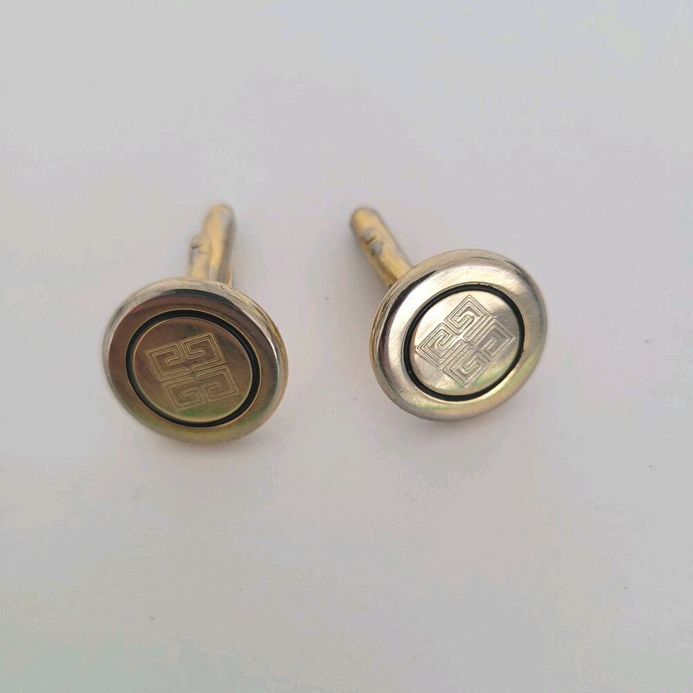Givenchy Cufflinks Set‎ Gold Round Tone Logo Vintage Designer